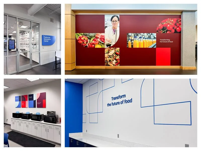 A collage of the bright red and blue wall murals and graphics, door graphics, and the wayfinding signage around the factory.